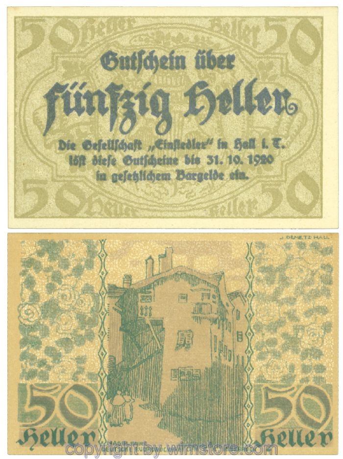 sn106229 Hall in Tirol, Prv. Gesellschaft Einsiedler, J00343a, 50 Heller; 1