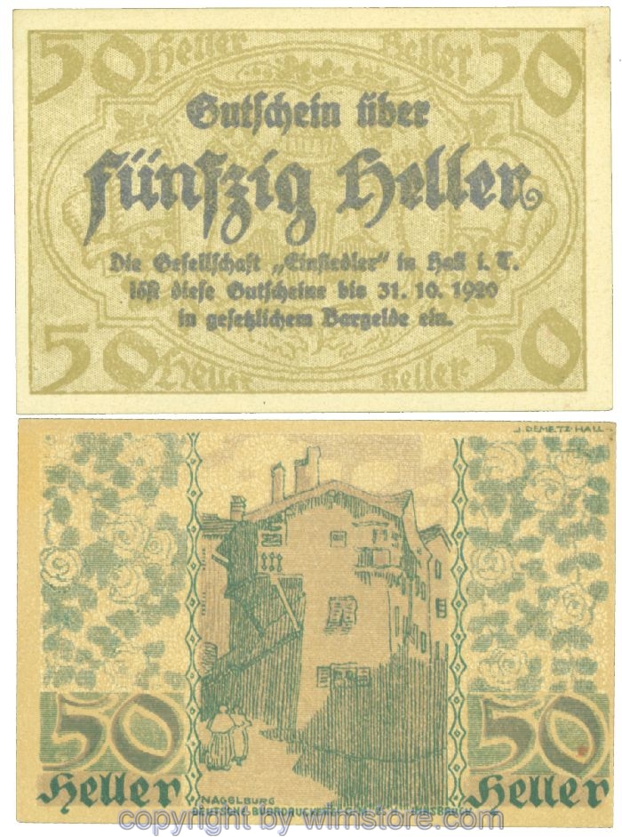 sn106230 Hall in Tirol, Prv. Gesellschaft Einsiedler, J00343a, 50 Heller; 1-