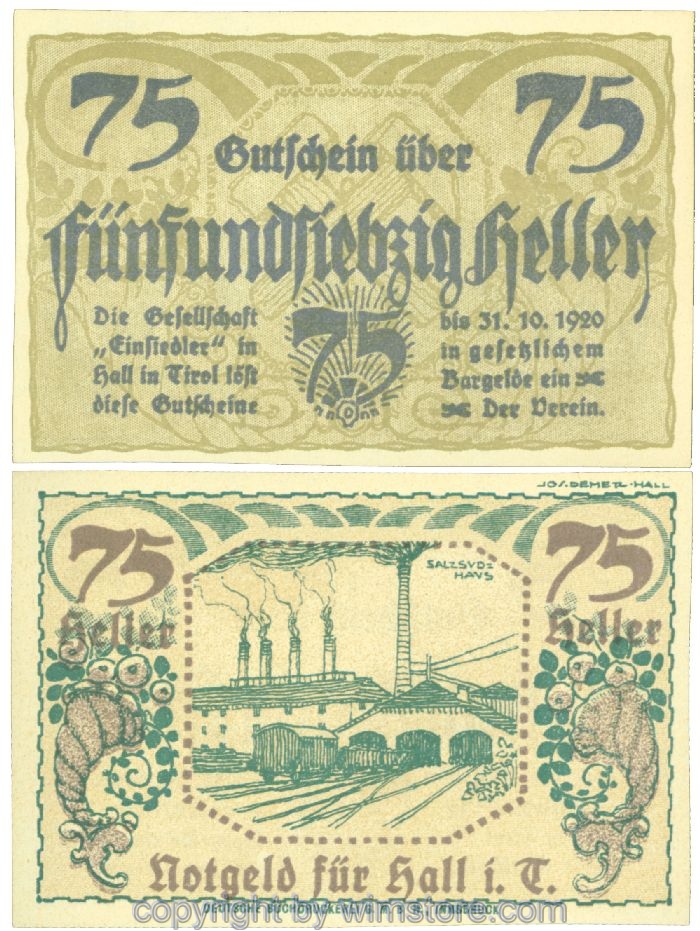 sn106232 Hall in Tirol, Prv. Gesellschaft Einsiedler, J00343a, 75 Heller; 1-