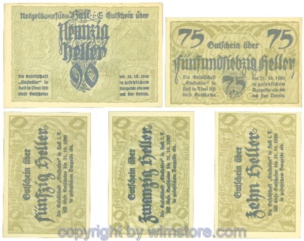 Hall in Tirol, Prv. Gesellschaft Einsiedler, J00343a, Serie 10, 20, 50, 75, 90 Heller; -1
