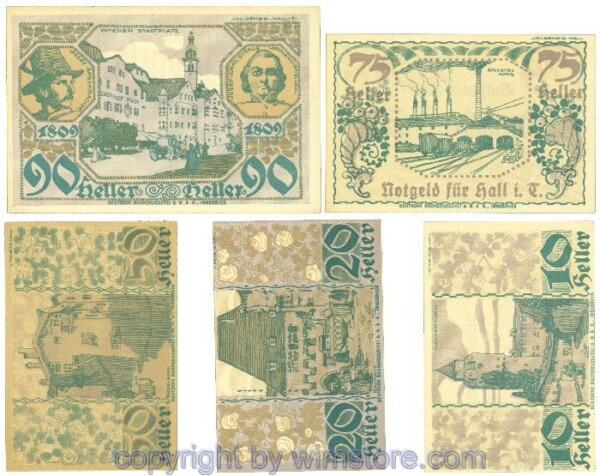 Hall in Tirol, Prv. Gesellschaft Einsiedler, J00343a, Serie 10, 20, 50, 75, 90 Heller; -1