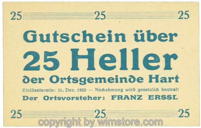 Hart, Ortsvorsteher Erssl, J00351SId, 25 Heller; 1