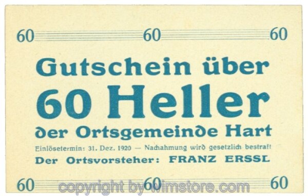 Hart, Ortsvorsteher Erssl, J00351SId, 60 Heller; 1