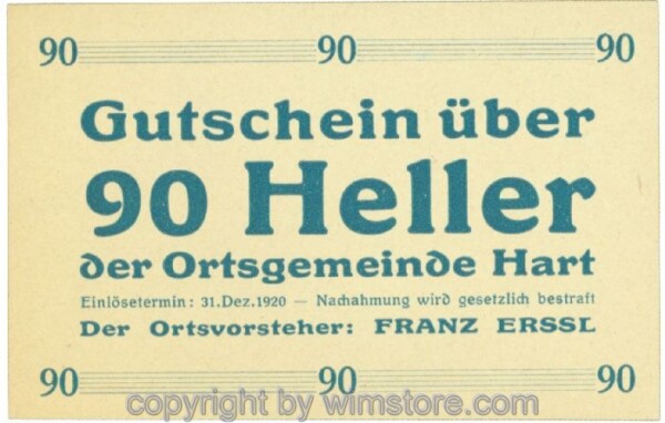 Hart, Ortsvorsteher Erssl, J00351SId, 90 Heller; 1