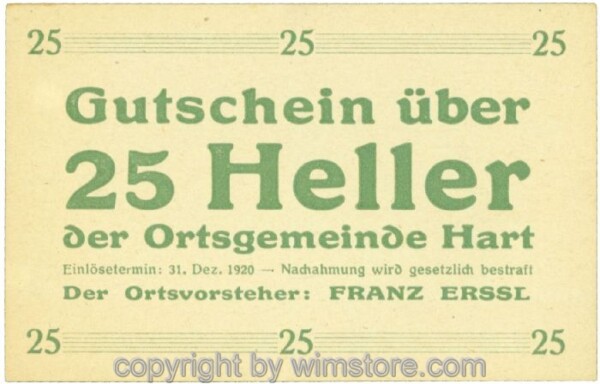 Hart, Ortsvorsteher Erssl, J00351SIe, 25 Heller; 1