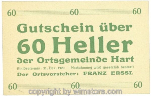 Hart, Ortsvorsteher Erssl, J00351SIe, 60 Heller; 1