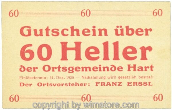 Hart, Ortsvorsteher Erssl, J00351SIf, 60 Heller; 1