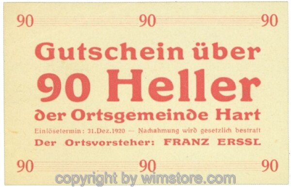 Hart, Ortsvorsteher Erssl, J00351SIf, 90 Heller; 1