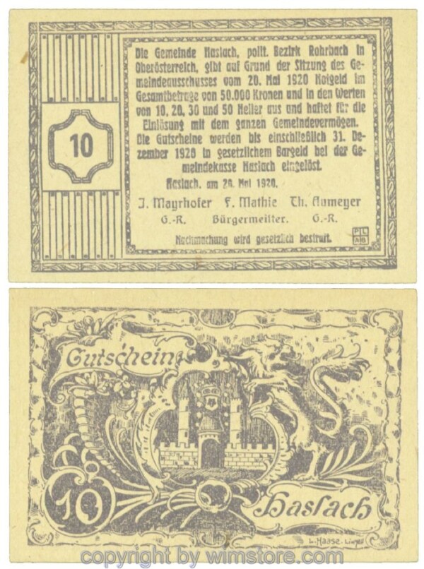 Haslach, Bgm. Mathie, J00355, 10 Heller; 1