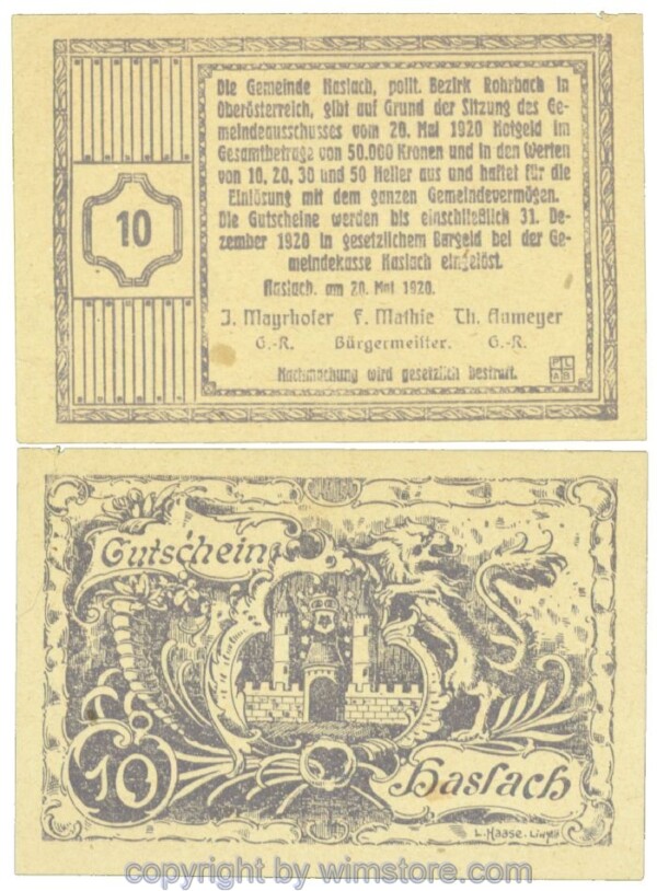 Haslach, Bgm. Mathie, J00355, 10 Heller; 1-