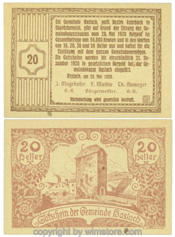 Haslach, Bgm. Mathie, J00355, 20 Heller; 1-