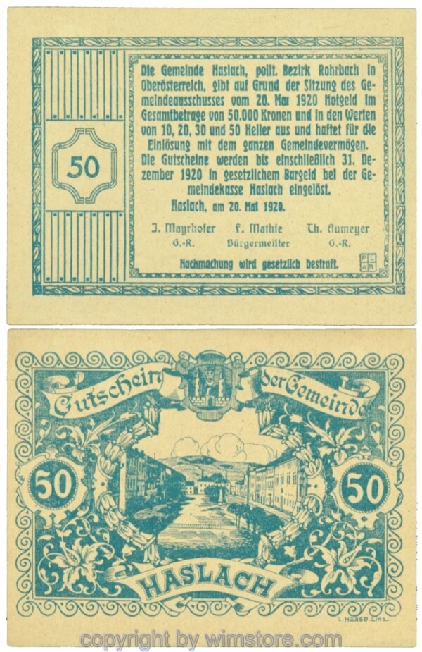 Haslach, Bgm. Mathie, J00355, 50 Heller; 1-