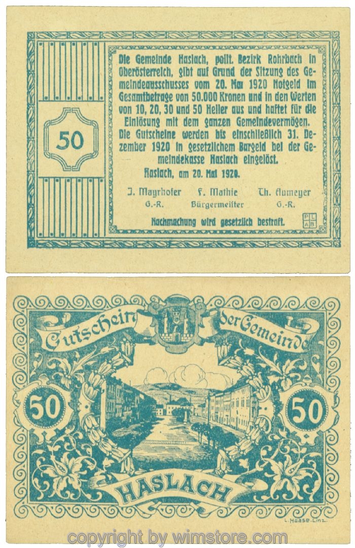 sn106375 Haslach, Bgm. Mathie, J00355, 50 Heller; 1-