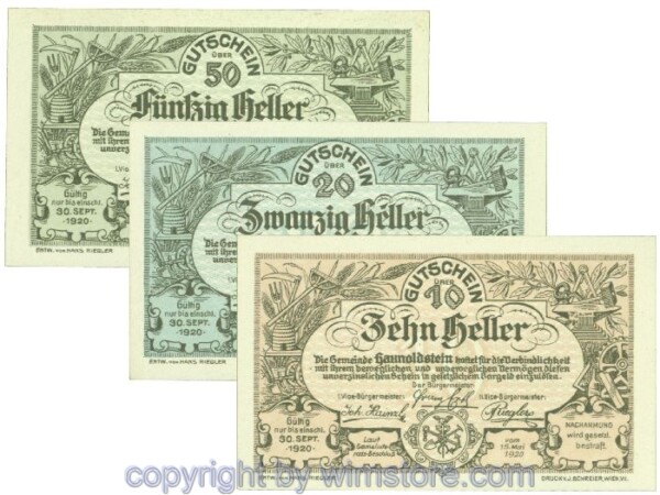 Haunoldstein, J00356, Serie 10, 20, 50 Heller; 1-, teilweise fleckig