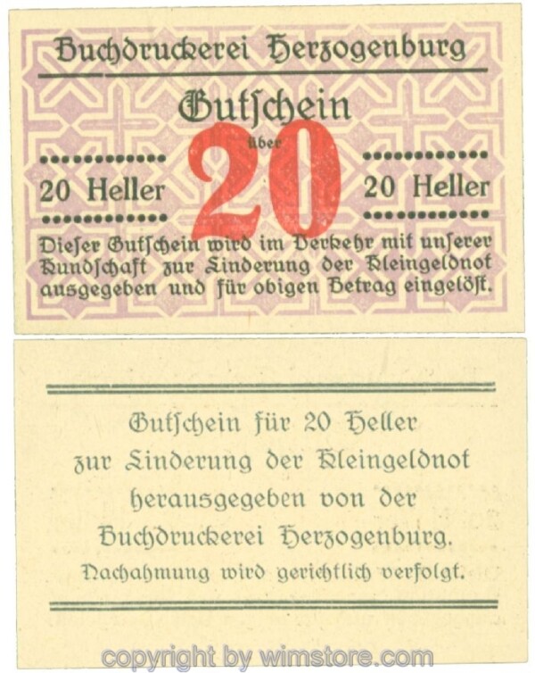 Herzogenburg, Prv. Buchdruckerei, J00369Ie, 20 Heller; 1