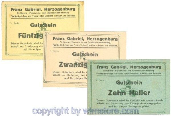 Herzogenburg, Prv. Franz Gabriel, J00370Ic, Serie 10, 20, 50 Heller; 1