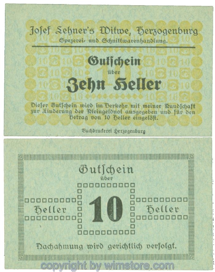 Herzogenburg, Prv. Josef Lehner's Witwe, J00372IIc, 10 Heller; I