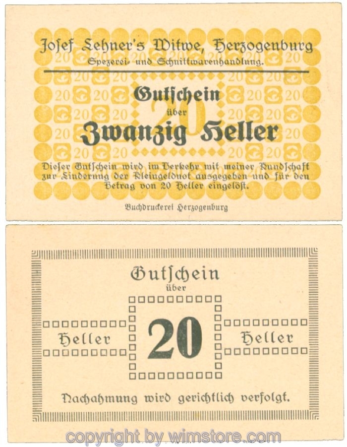 Herzogenburg, Prv. Josef Lehner's Witwe, J00372IIc, 20 Heller; I