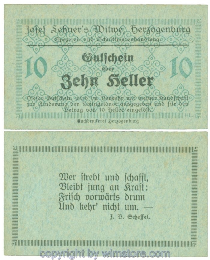 Herzogenburg, Prv. Josef Lehner's Witwe, J00372IIIa, 10 Heller; I