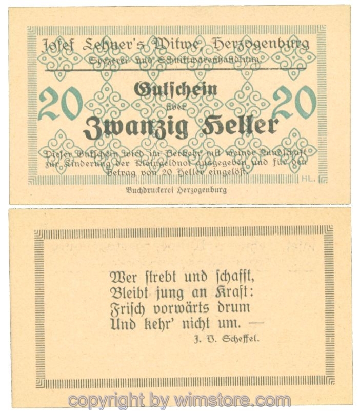 Herzogenburg, Prv. Josef Lehner's Witwe, J00372IIIb, 20 Heller; I