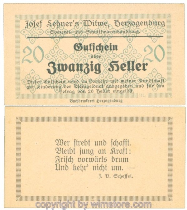 Herzogenburg, Prv. Josef Lehner's Witwe, J00372IIIb, 20 Heller; I