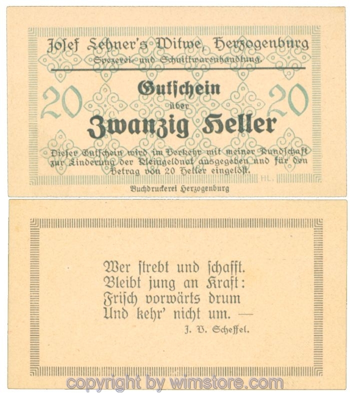Herzogenburg, Prv. Josef Lehner's Witwe, J00372IIIb, 20 Heller; I
