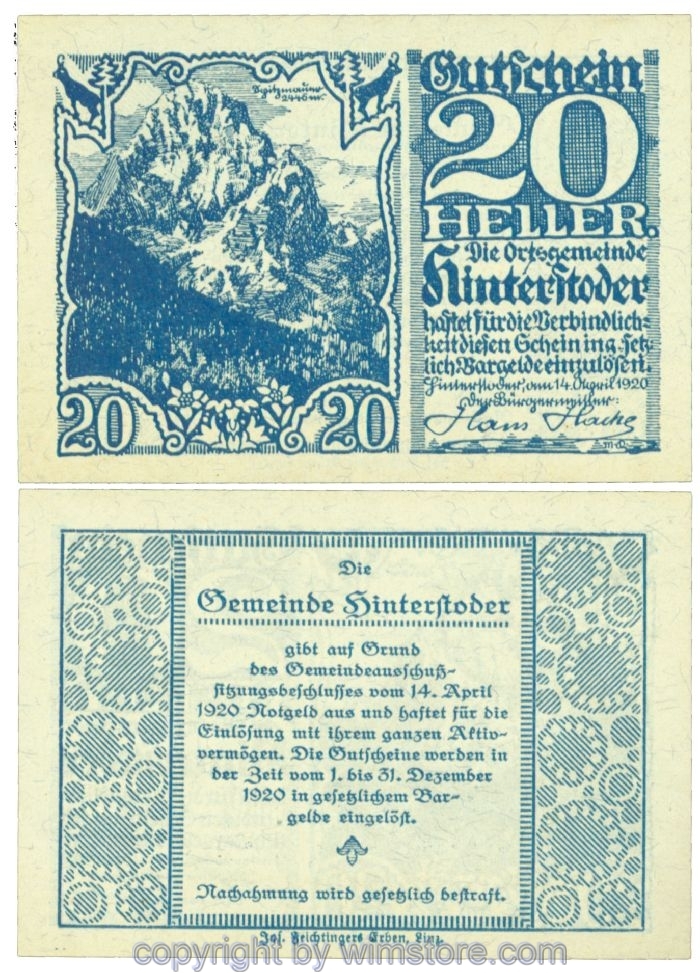 sn106794 Hinterstoder, J00377b, 20 Heller; 1