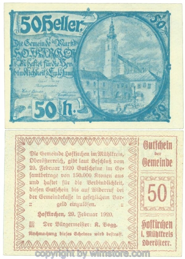 Hofkirchen im Mühlkreis, J00386a, 50 Heller; 1-, teilweise fleckig