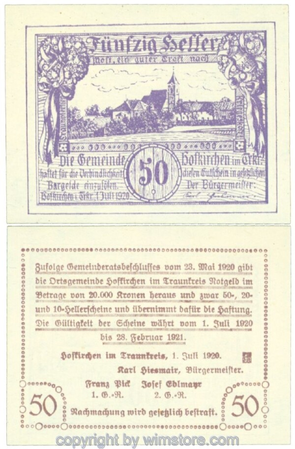 Hofkirchen im Traunkreis, J00387Ia, 50 Heller; 1