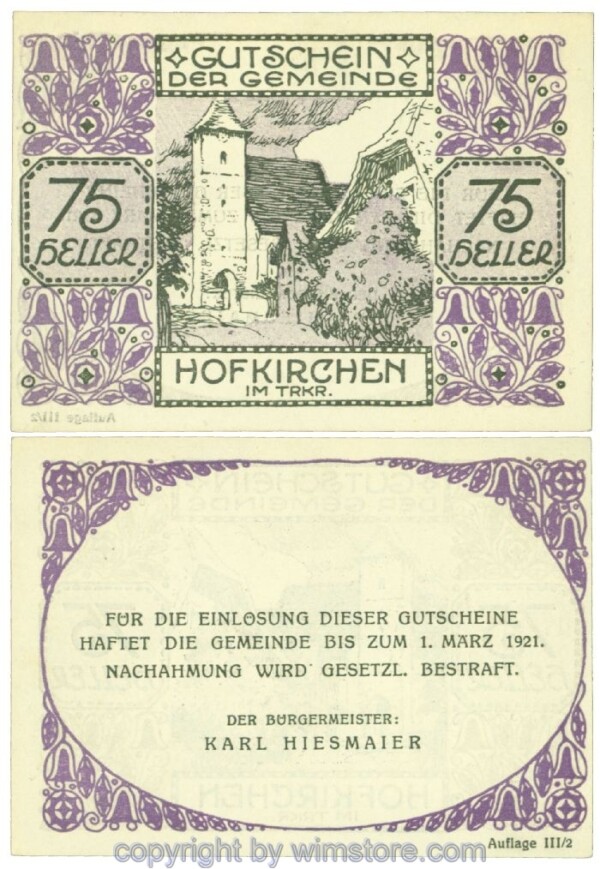 Hofkirchen im Traunkreis, J00387IIIb, 75 Heller; 1
