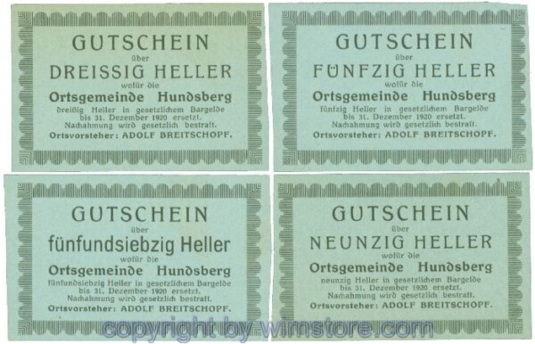 Hundsberg, J00402SIBa, Serie 30, 50, 75, 90 Heller; 1-, etwas gedunkelt