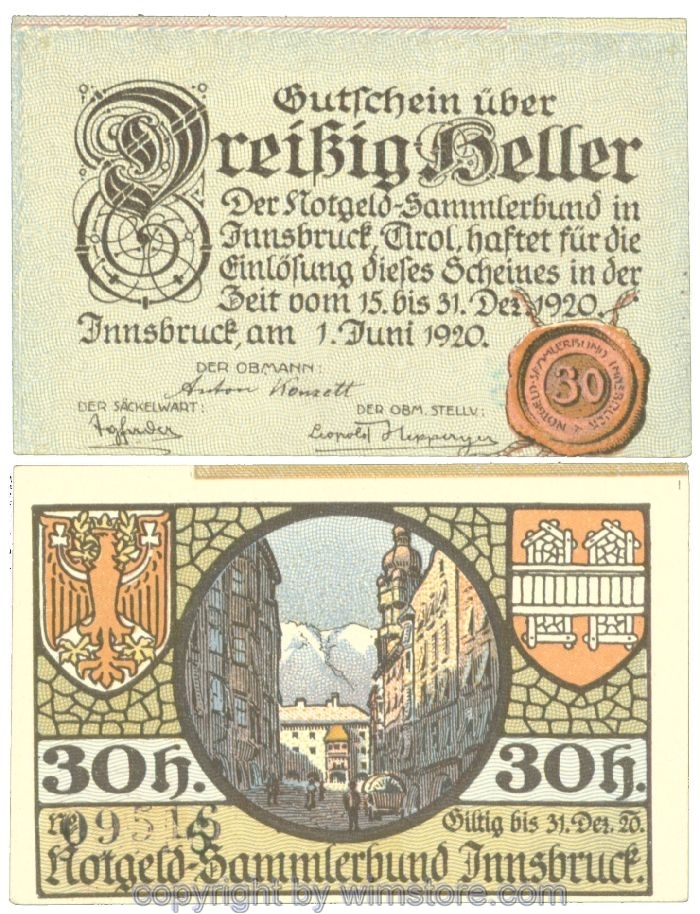 sn107184 Innsbruck, Prv. Notgeld-Sammlerbund, J00412Ie, 30 Heller; 1