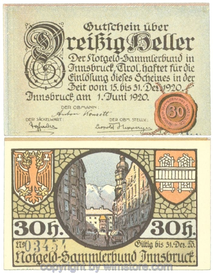 sn107189 Innsbruck, Prv. Notgeld-Sammlerbund, J00412If, 30 Heller; 1