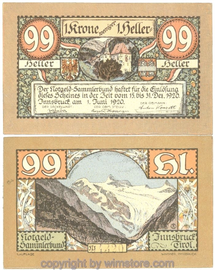 sn107193 Innsbruck, Prv. Notgeld-Sammlerbund, J00412If, 99 Heller; 1