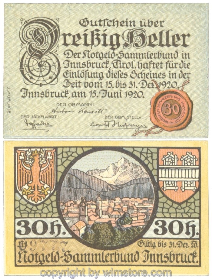 sn107196 Innsbruck, Prv. Notgeld-Sammlerbund, J00412IIe, 30 Heller; 1