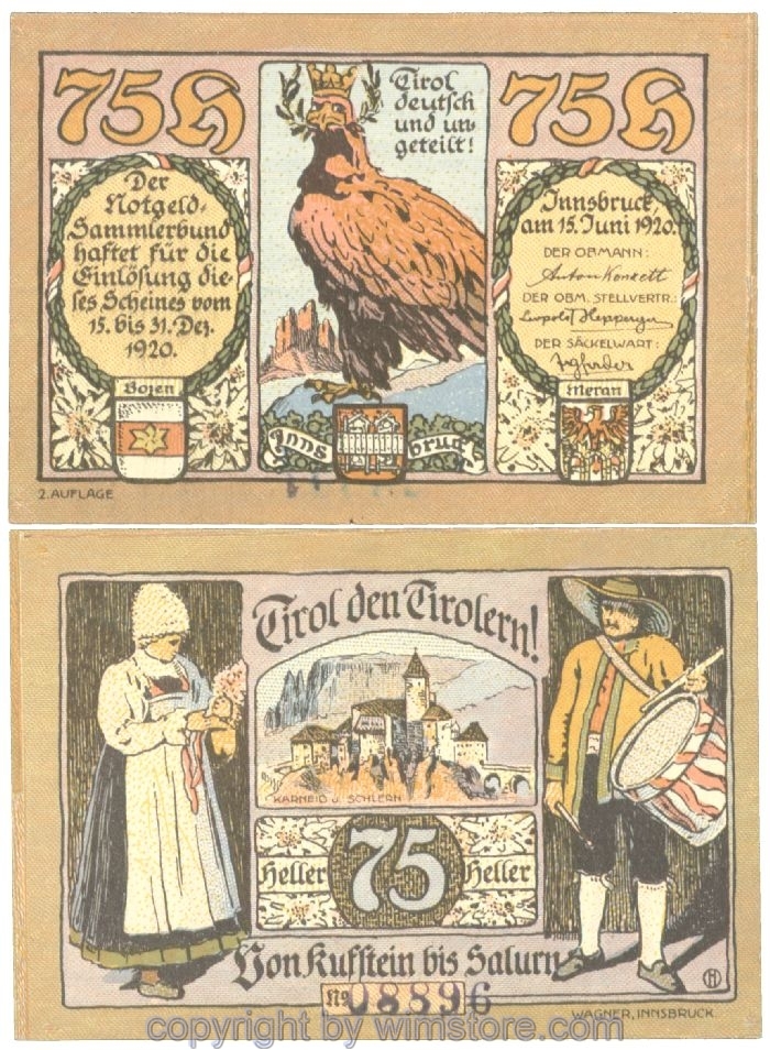 sn107199 Innsbruck, Prv. Notgeld-Sammlerbund, J00412IIe, 75 Heller; 1-