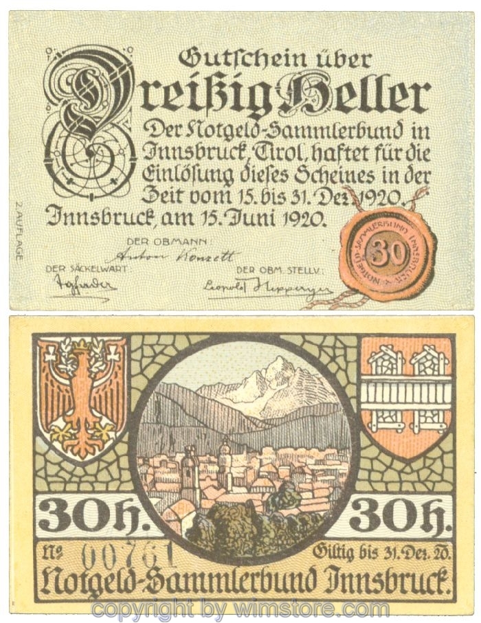 sn107202 Innsbruck, Prv. Notgeld-Sammlerbund, J00412IIf, 30 Heller; 1