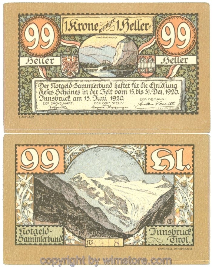 sn107206 Innsbruck, Prv. Notgeld-Sammlerbund, J00412IIf, 99 Heller; 1