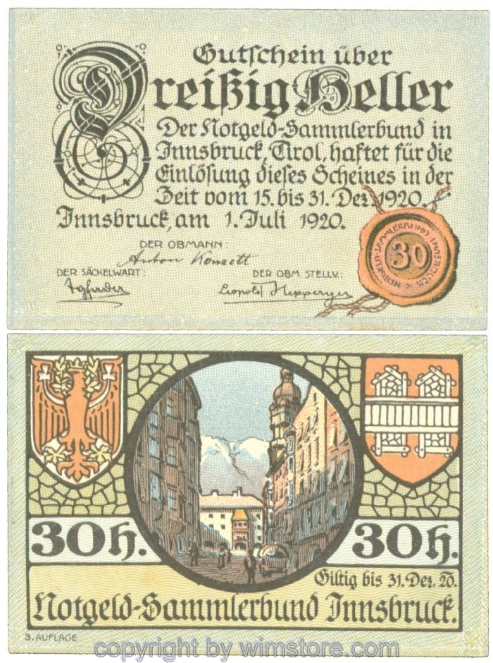 sn107208 Innsbruck, Prv. Notgeld-Sammlerbund, J00412IIIa, 30 Heller; 1