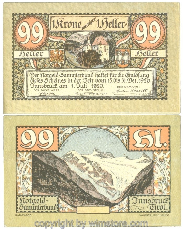 sn107212 Innsbruck, Prv. Notgeld-Sammlerbund, J00412IIIa, 99 Heller; 1-