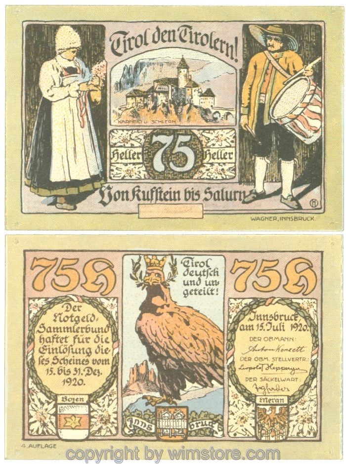 sn107217 Innsbruck, Prv. Notgeld-Sammlerbund, J00412IVa, 75 Heller; 1