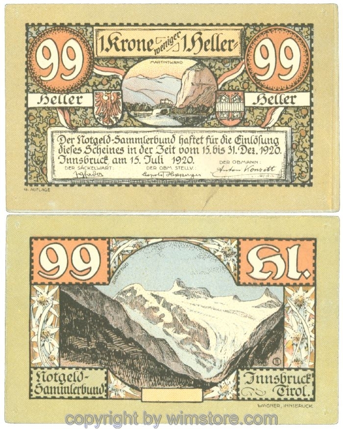sn107218 Innsbruck, Prv. Notgeld-Sammlerbund, J00412IVa, 99 Heller; 1