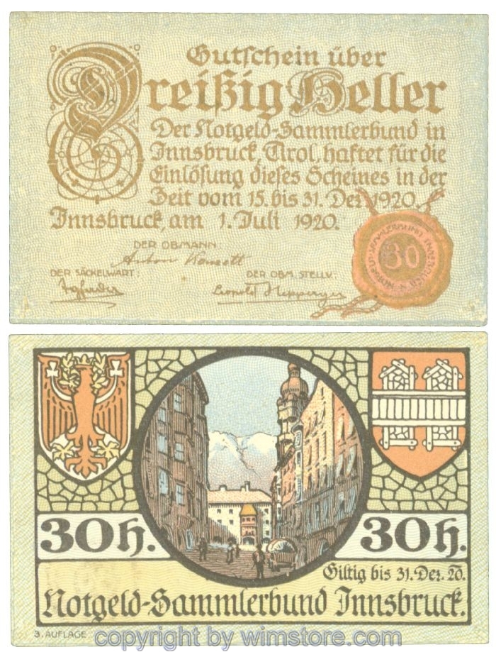 sn107220 Innsbruck, Prv. Notgeld-Sammlerbund, J00412Sa, 30 Heller; 1