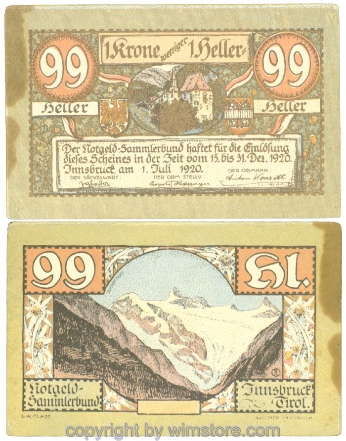 sn107225 Innsbruck, Prv. Notgeld-Sammlerbund, J00412Sa, 99 Heller; 1-