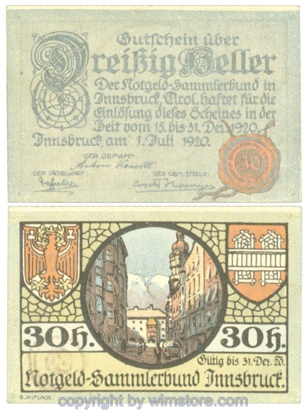 Innsbruck, Prv. Notgeld-Sammlerbund, J00412Si, 30 Heller; 1