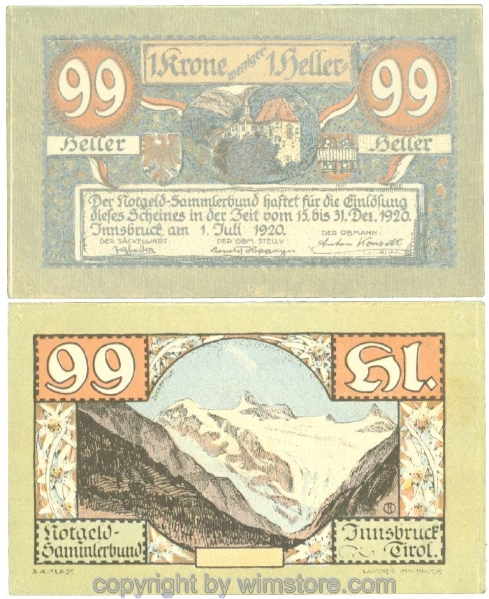 sn107237 Innsbruck, Prv. Notgeld-Sammlerbund, J00412Si, 99 Heller; 1