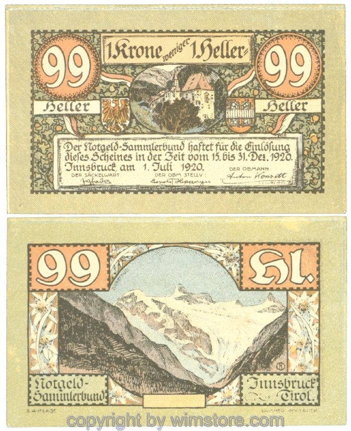 sn107243 Innsbruck, Prv. Notgeld-Sammlerbund, J00412Sm, 99 Heller; 1