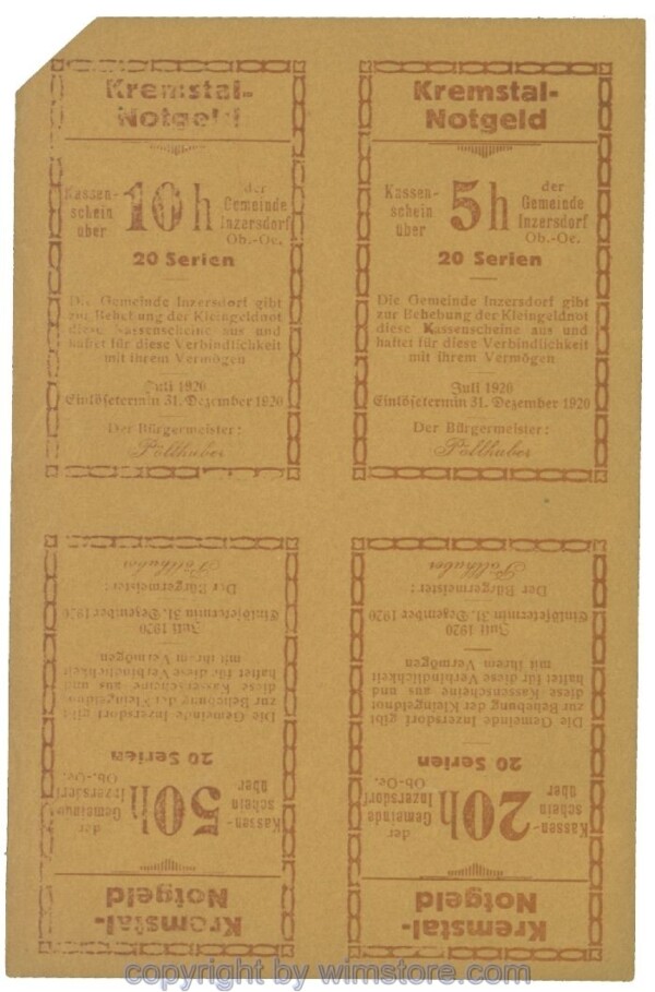 Inzersdorf, J00415SVIIxx, Serie 5, 10, 20, 50 Heller; 1-