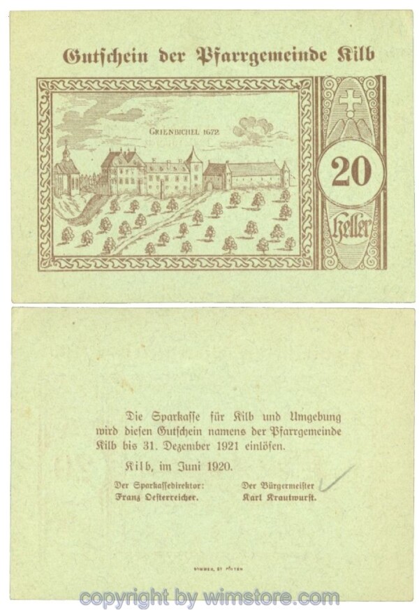 Kilb, Prv. Pfarrgemeinde, J00437IIIc, 20 Heller; I