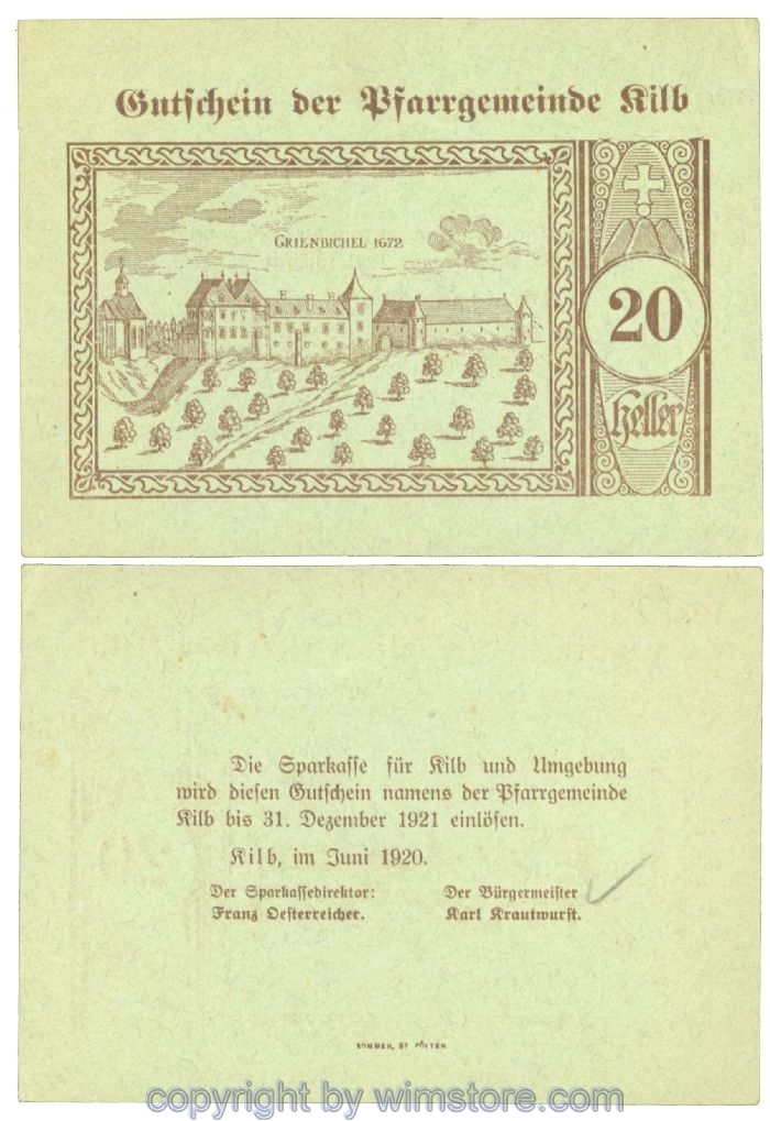 Kilb, Prv. Pfarrgemeinde, J00437IIIc, 20 Heller; I